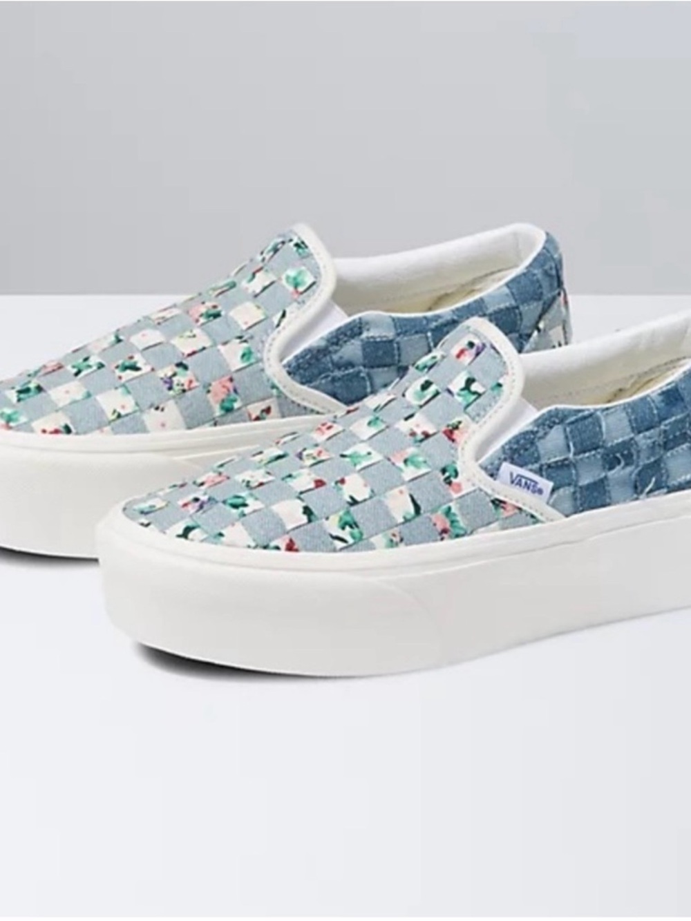 Vans Slip-On Sneakers in Light Blue Floral Checkerboard